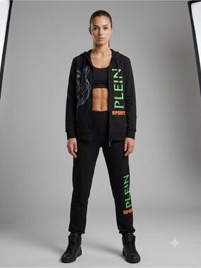 Plein Sport Black track suit straight leg Pants with Green and Orange Logo